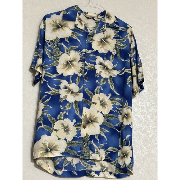 Hula Hula VTG Hawaiian Camp Shirt Blue Tropical Floral Button Up Short Sleeve S - Picture 1 of 5